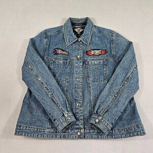 Harley Davidson Jacket Womens 1W Blue Denim Embroidered Logo Patches Biker